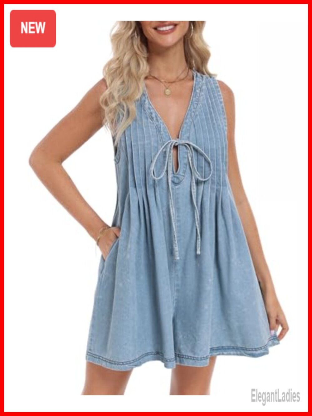 Cotton Polyester Denim Romper Sleeveless Tie Front V Neck Mini